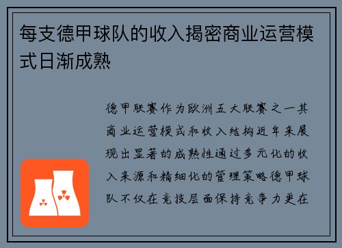 每支德甲球队的收入揭密商业运营模式日渐成熟